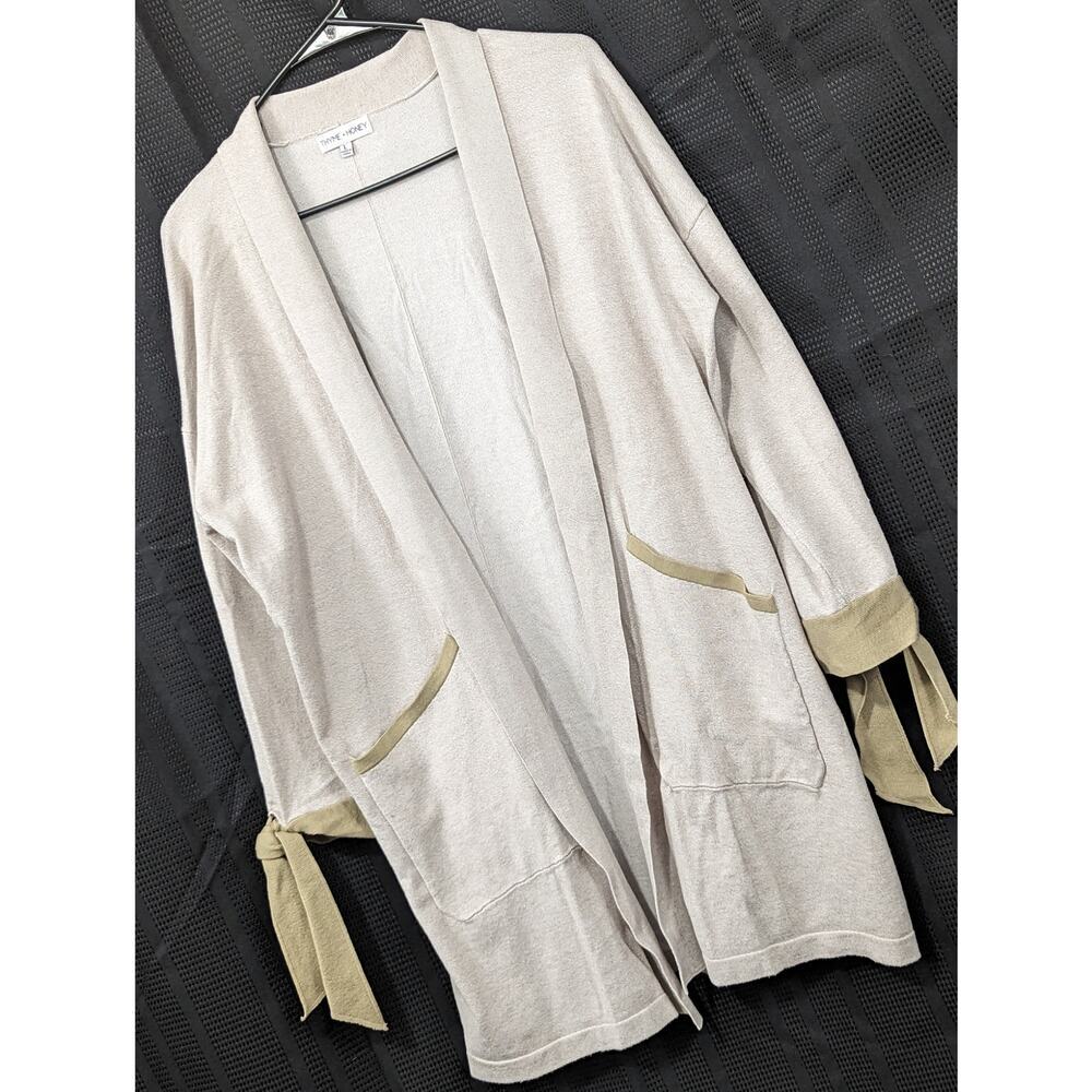 THYME + HONEY! CREAM & BEIGE TAN OPEN CARDIGAN SWEATER, POCKETS! SZ L